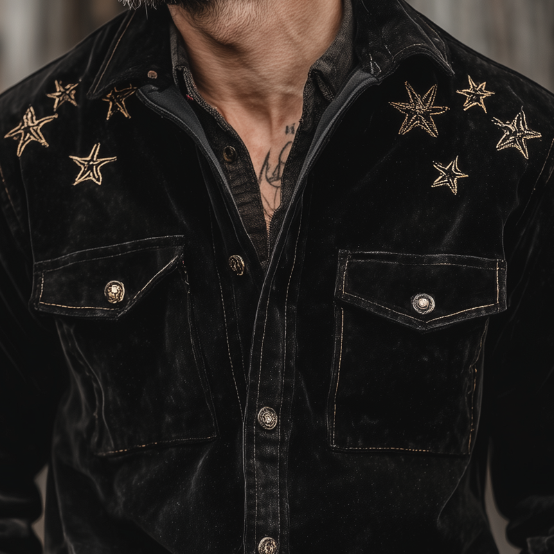 Men's Star Embroidered Faux Suede Lapel Long Sleeve Shirt MTA2784H1Z