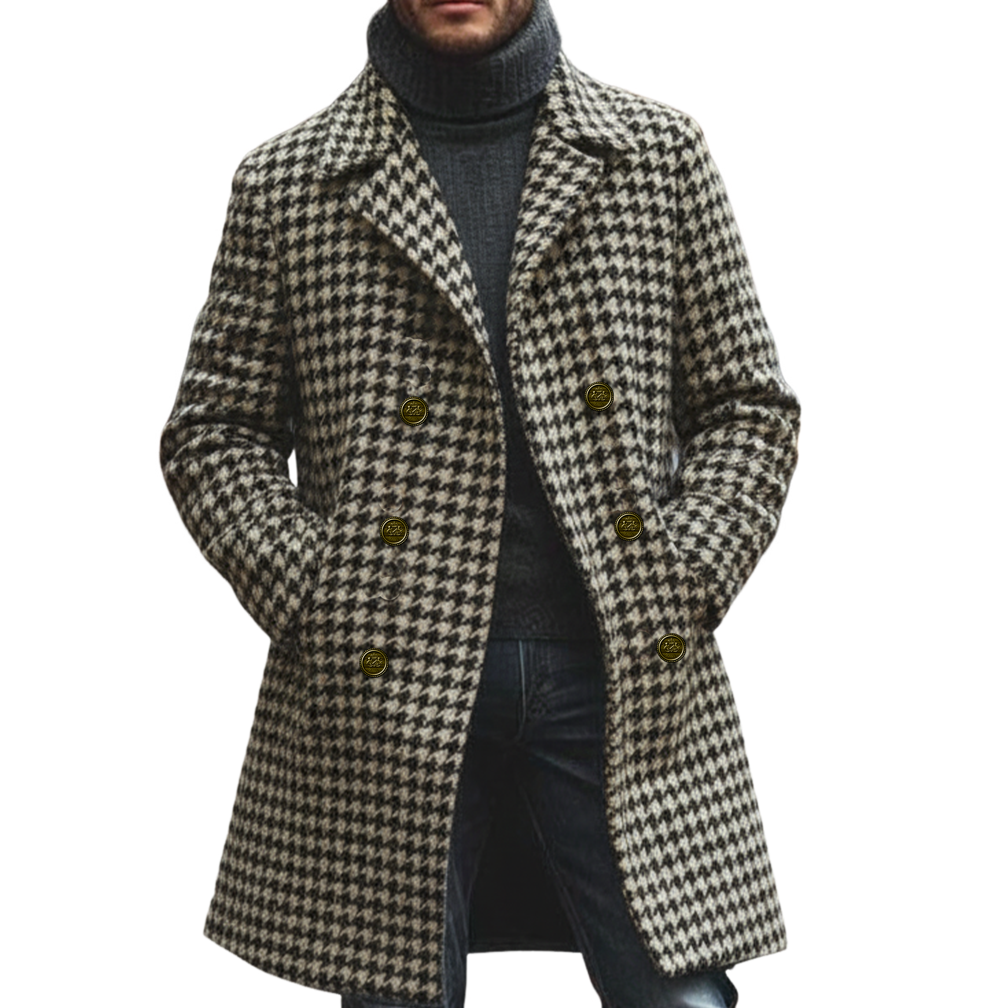 Men's Classic Retro Lapel Double-breasted Houndstooth Faux Wool Thigh-length Jacket MTA2479I0K