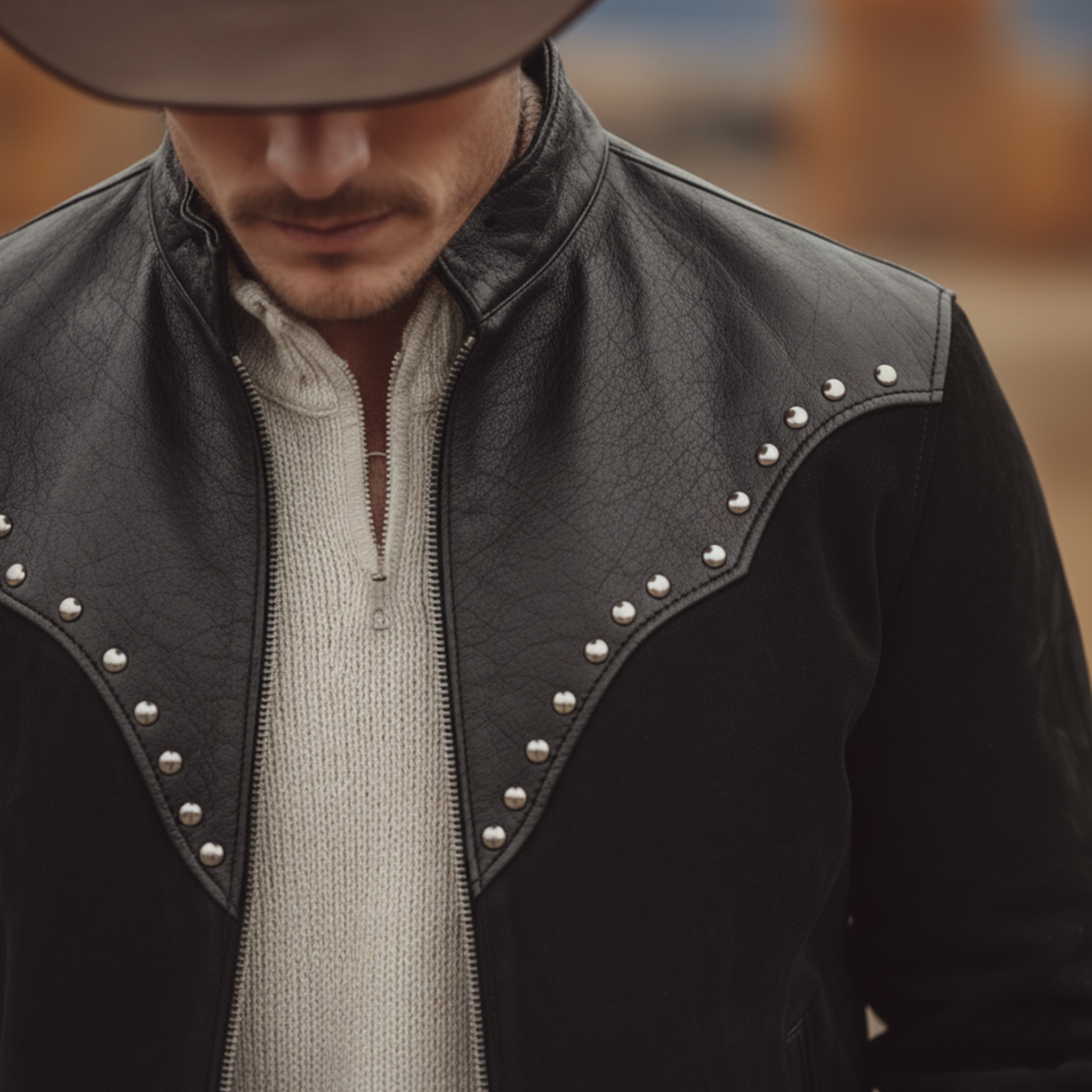 Men's Classic Retro Western Style PU Leather Stand-up Collar Metal Studded Faux Suede Jacket MTA2578K5K