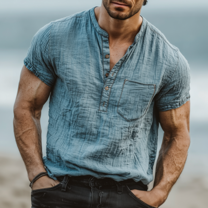 Men's Casual Solid Color Pleated Cotton Washed Henley Collar Patch Pocket Loose Short Sleeve Shirt MTA2466F5M