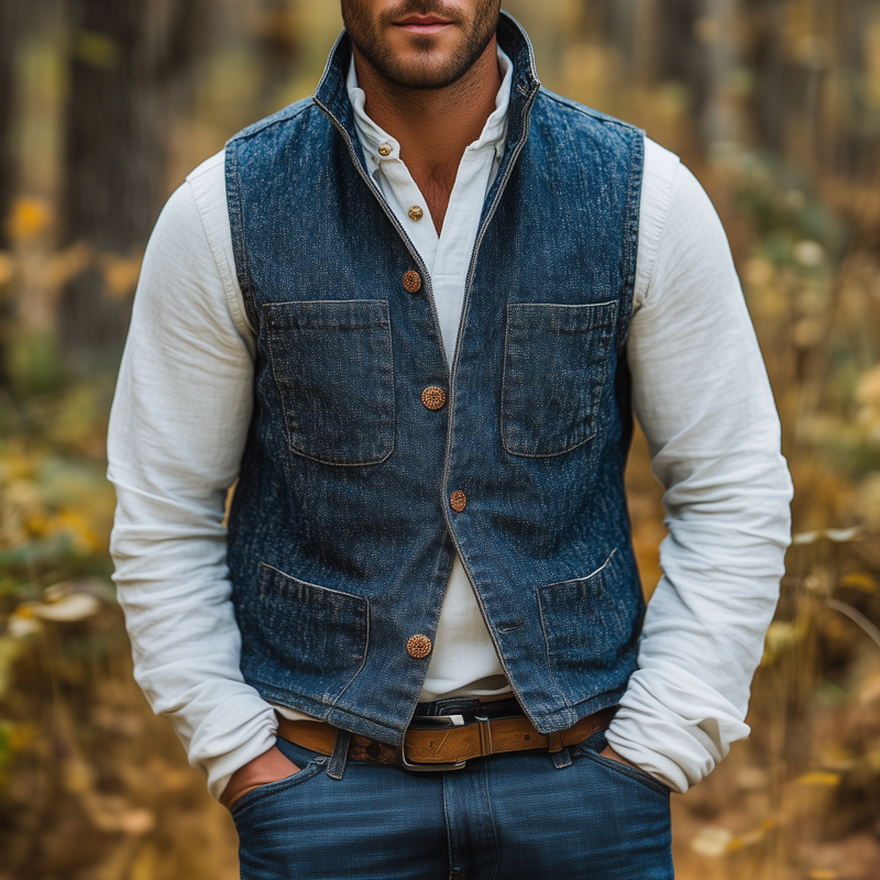 Men's Vintage Washed Stand Collar Single Breasted Multi-Pocket Slim Fit Denim Vest MTA2112G9M