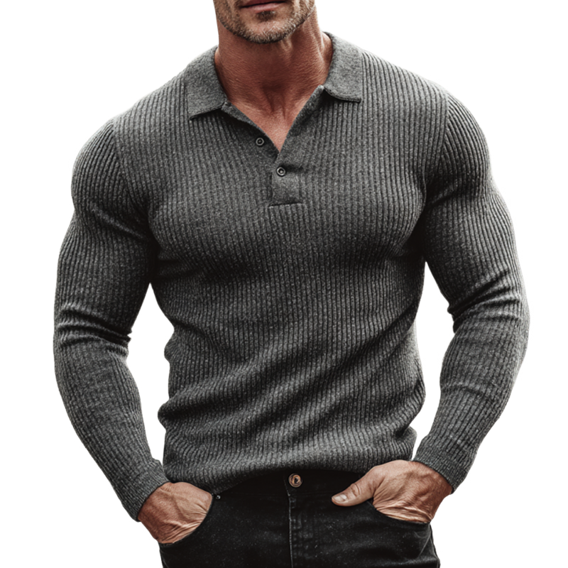 Men's Solid Knit Striped Lapel Long Sleeve Polo Shirt MTA1420H6Z