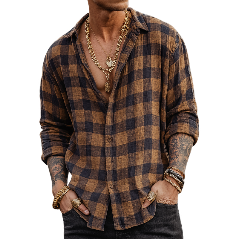 Men's Retro Casual Plaid Lapel Button-Down Long Sleeve Shirt MTZ0530A2TO