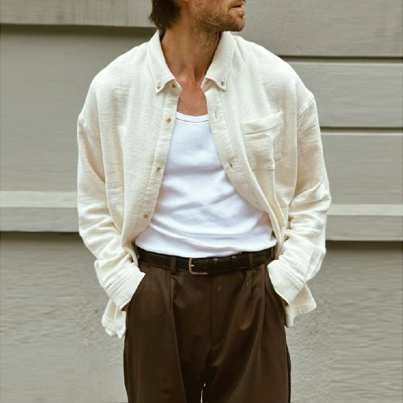 Men's Casual Cotton Blended Solid Color Lapel Patch Pocket Loose Long Sleeve Shirt MTA1295E9M