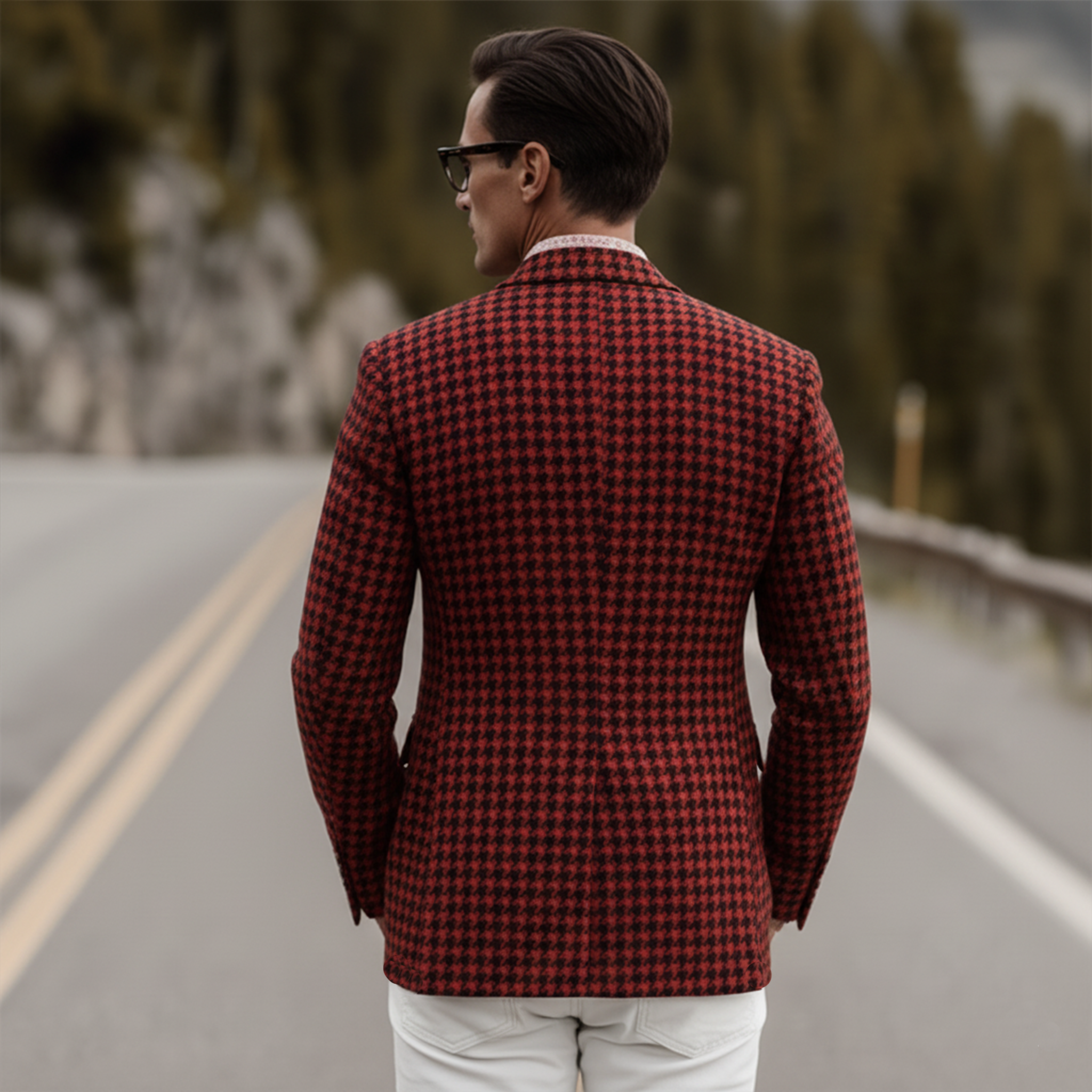 Men's Classic Party Christmas Red Faux Houndstooth Wool Single-Breasted Blazer MTA3052I5K