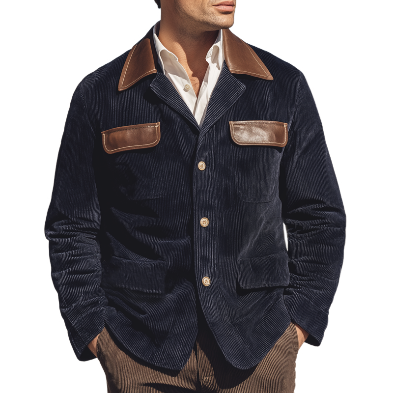 Men's Vintage Corduroy And PU Leather Patchwork Button Jacket MTA0521I4U