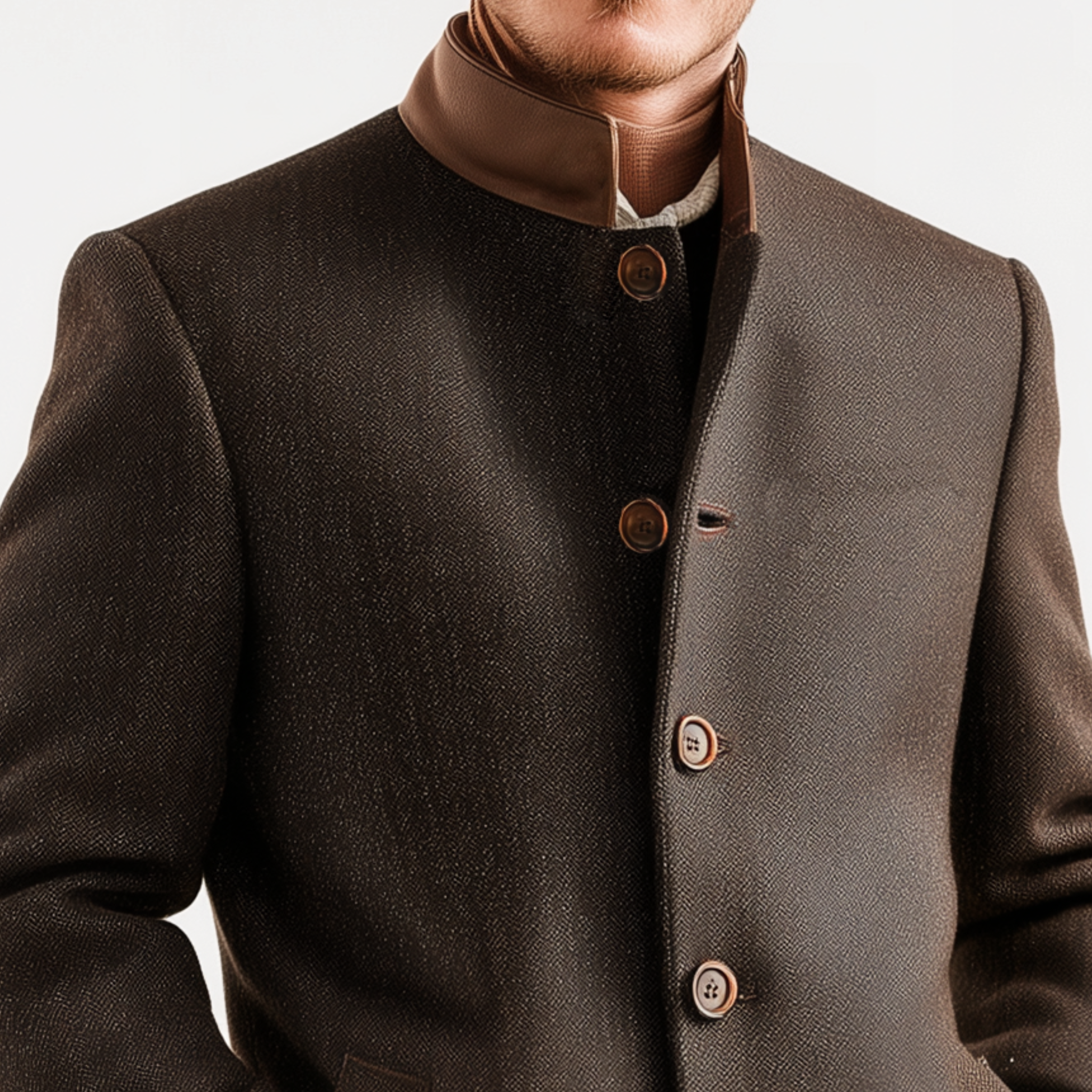 Men's Classic Retro PU Leather Stand Collar Herringbone Woolen Slim Fit Jacket MTA1675I8K