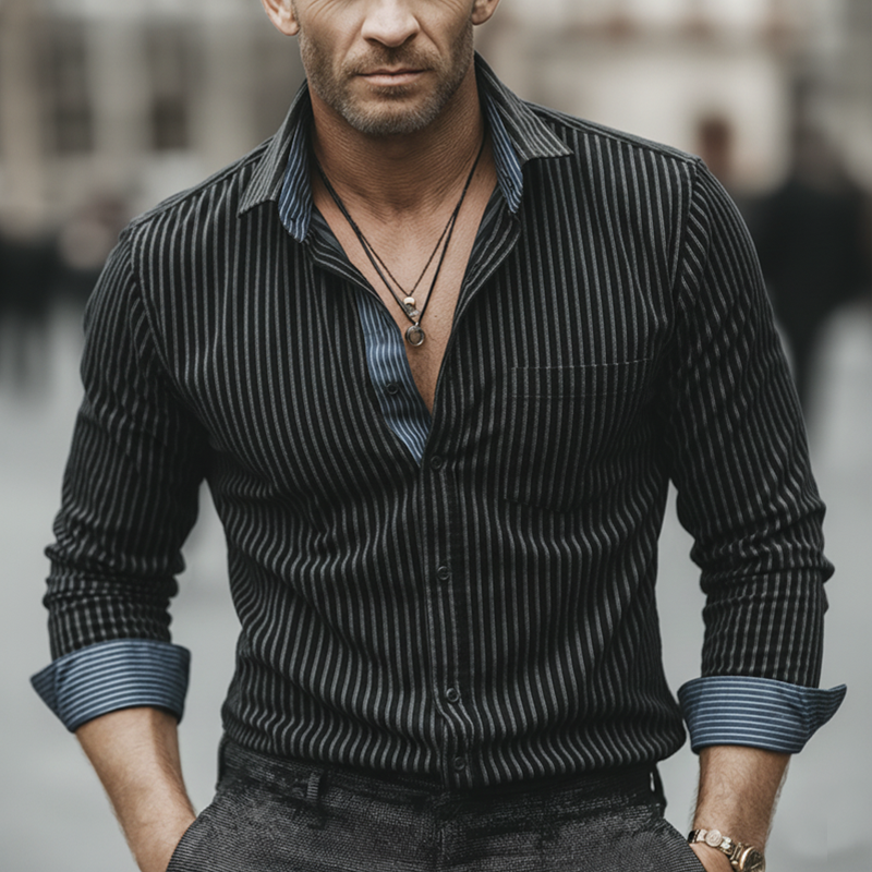 Men's Business Color-blocked Striped Long-sleeved Shirt MTZ1393B4U