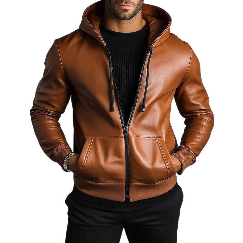 Men's Retro Casual PU Hooded Zip-Up Jacket MTA1190K4TO