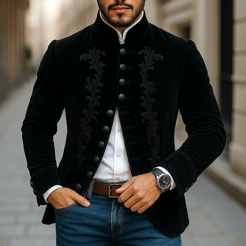 Men's Vintage Embroidered Stand Collar Single Breasted Jacket MTA2575G2Z