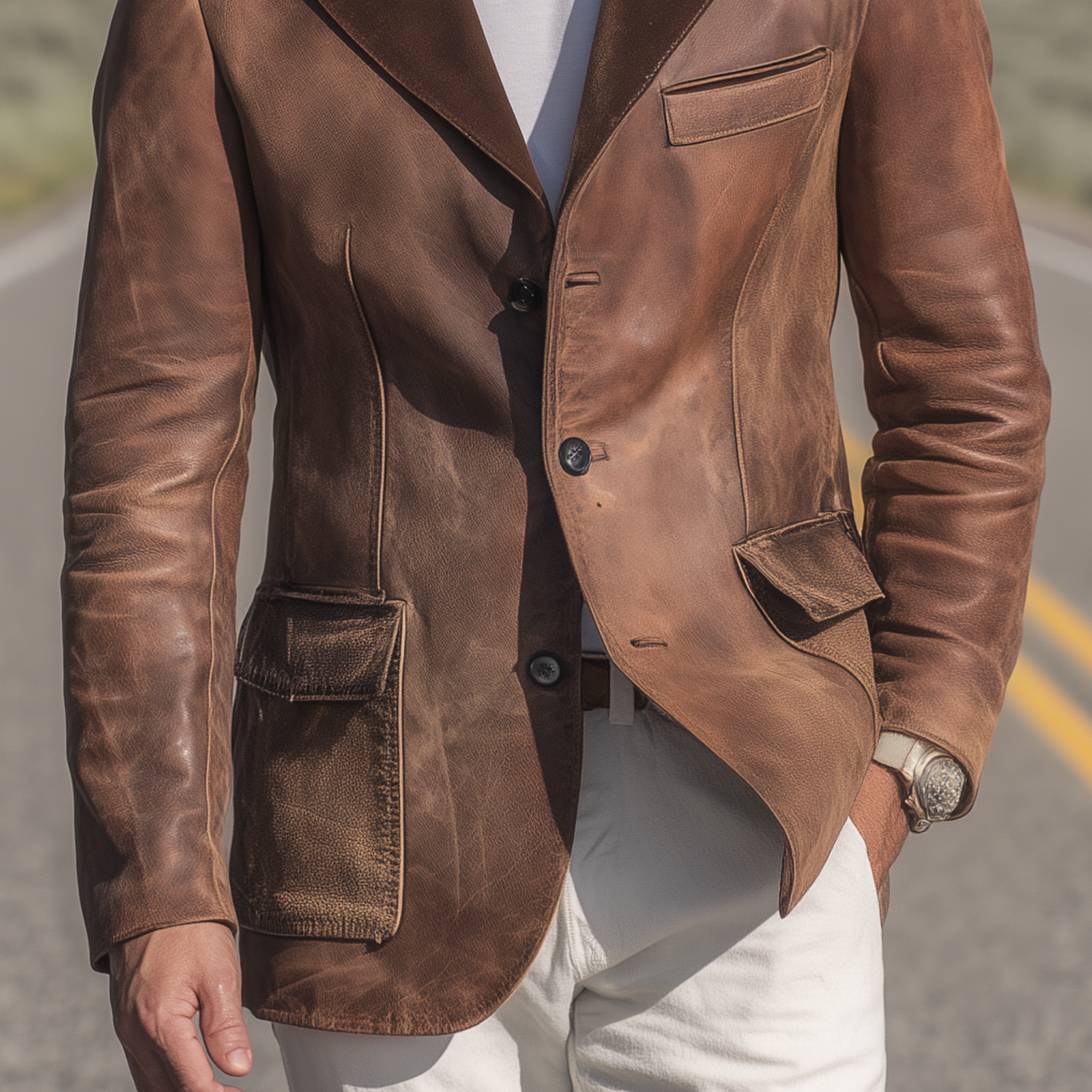 Men's Classic Retro Collar Splicing Suede And Distressed PU Leather Single-breasted Blazer MTA0714H0K