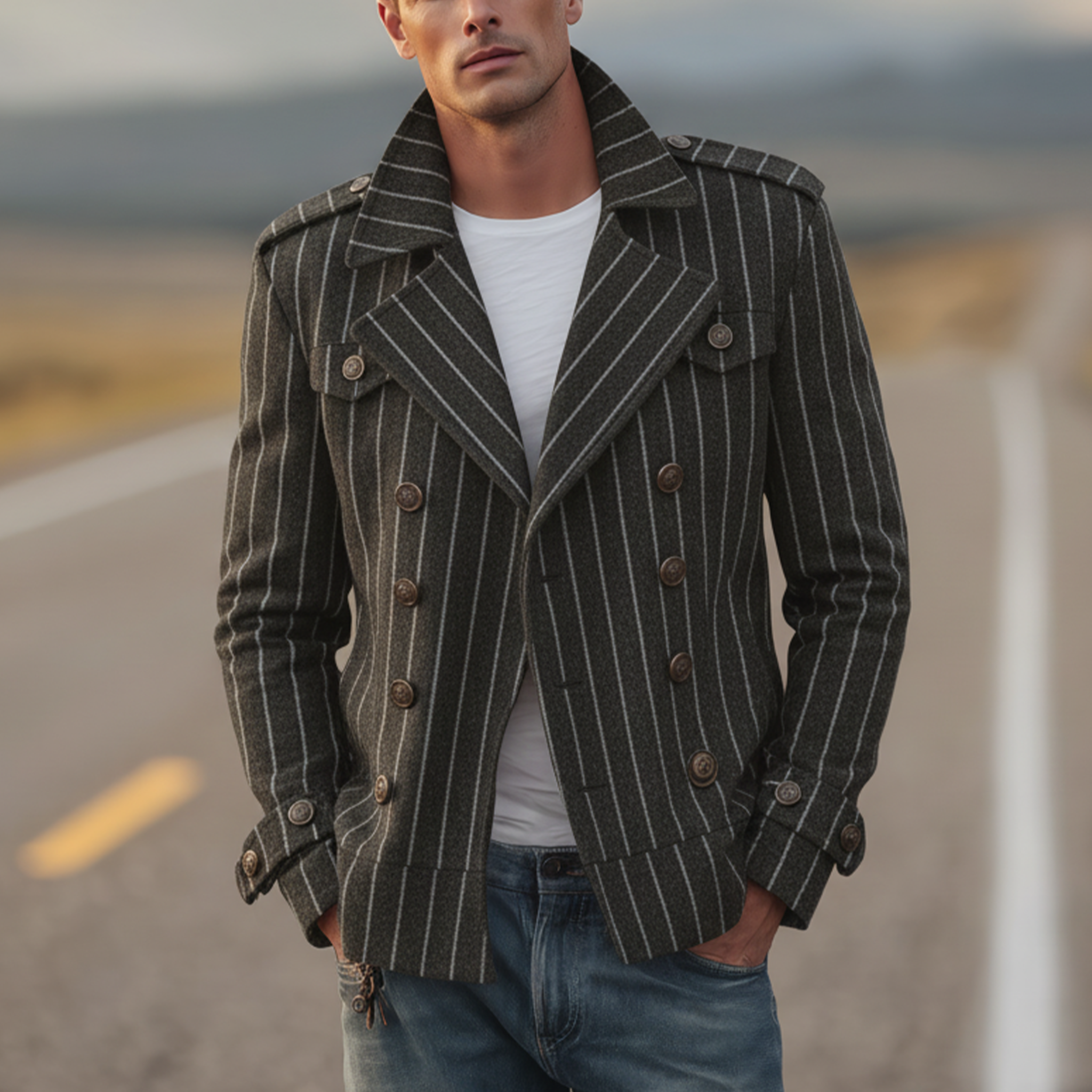 Men's Classic Retro Lapel Vertical Striped Faux Wool Double-breasted Jacket MTA2875I2K