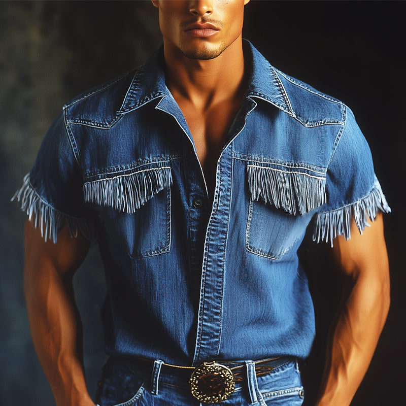 Men's Summer Western Cowboy Style Tassel Denim Short Sleeve Shirt MTA1430E9U