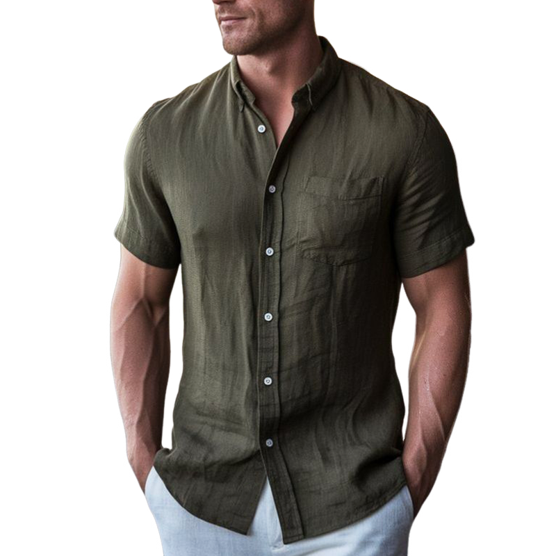 Men's Business Solid Color Cotton And Linen Short-sleeved Shirt MTA2316G8U