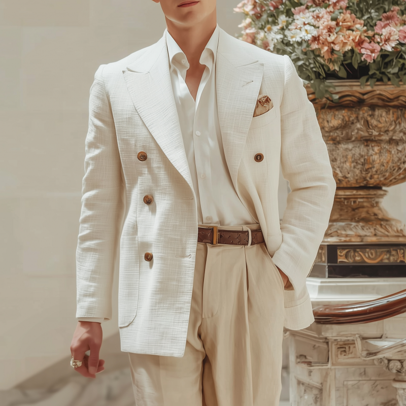 Men's Vintage Elegant Solid Color Cotton Linen Textured Fabric Peak Lapel Double-breasted Slim-fit Blazer MTA2833G4M