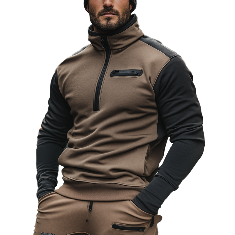 Men's Retro Cotton Blend Color Block Patchwork Half-Zip High Neck Sweatshirt MTA2965J1P