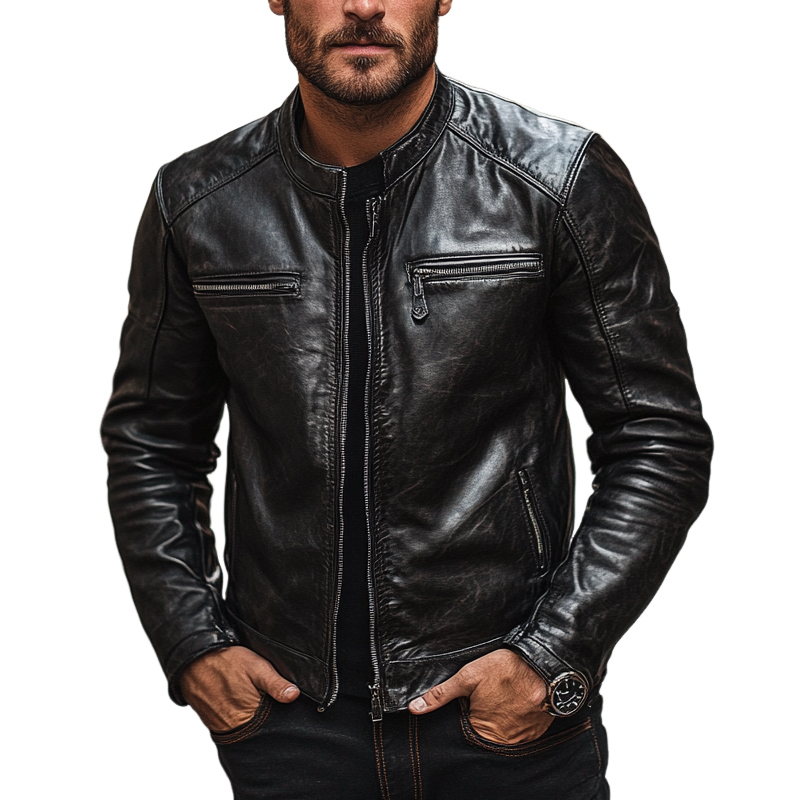 Men's Solid Color Slim Fit Motorcycle Stand Collar PU Jacket MTA0876I8X
