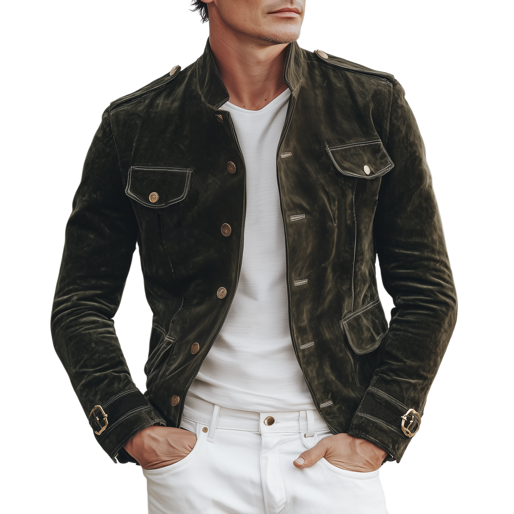 Men's Classic Retro Stand Collar Multi-pocket Suede Slim Jacket MTA3086H2K