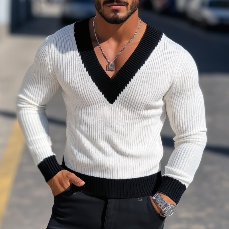 Men's Vintage Contrast Color V-Neck Slim Fit Knit Pullover Sweater MTA2802H5M