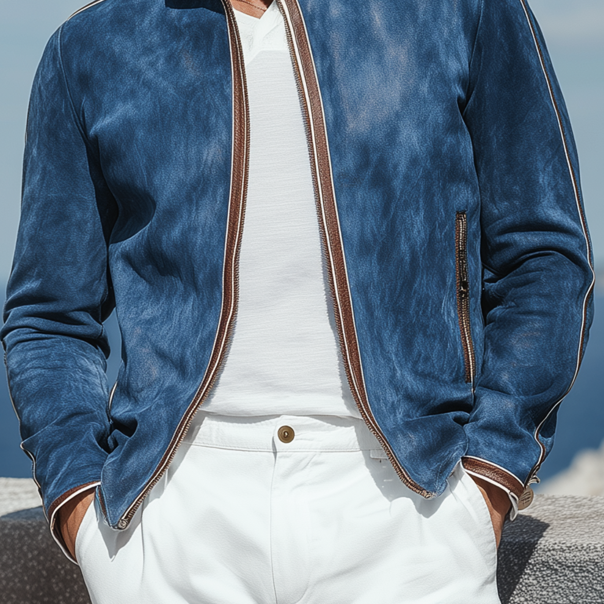 Men's Classic Casual Stand Collar Stitching PU Leather Zipper Suede Jacket MTA1400H0K