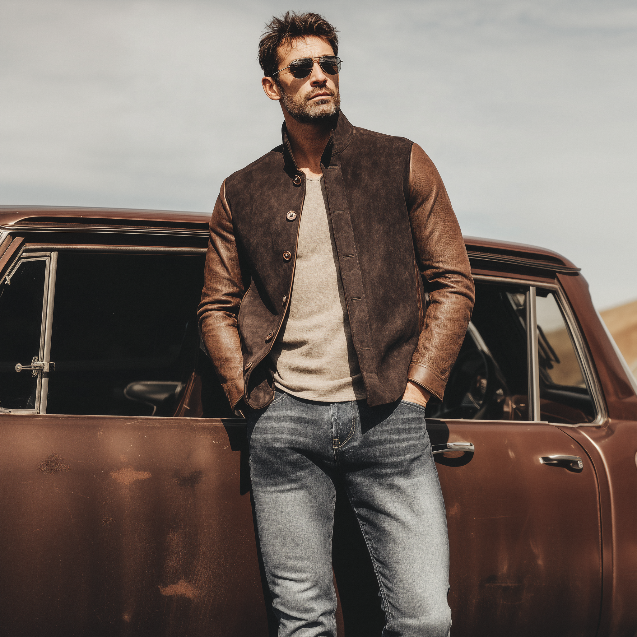 Men's Classic American Retro Western Style Sleeves Stitching PU Leather Stand Collar Suede Jacket MTA2057H1K