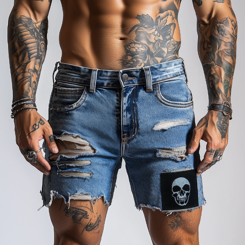 Men's Skull Pattern Patchwork Ripped Denim Shorts MTA1758F6X
