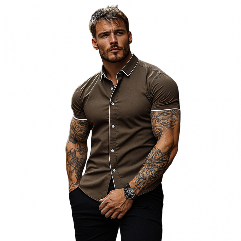 Men's Casual Breathable Cotton Lapel Contrast Color Treim Slim Fit Short Sleeve Shirt MTA2726E9M