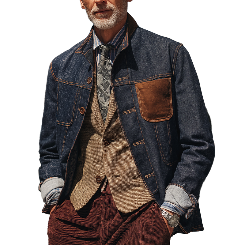 Men's Vintage Washed Distressed Denim Faux Suede Casual Formal Jacket MTA0283I0P