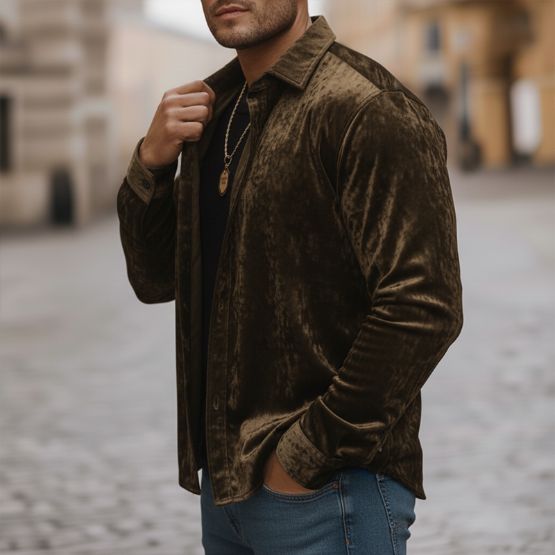 Men's Urban Luxury Velvet Casual Button-Down Long-Sleeve Shirt MTA2340L8U