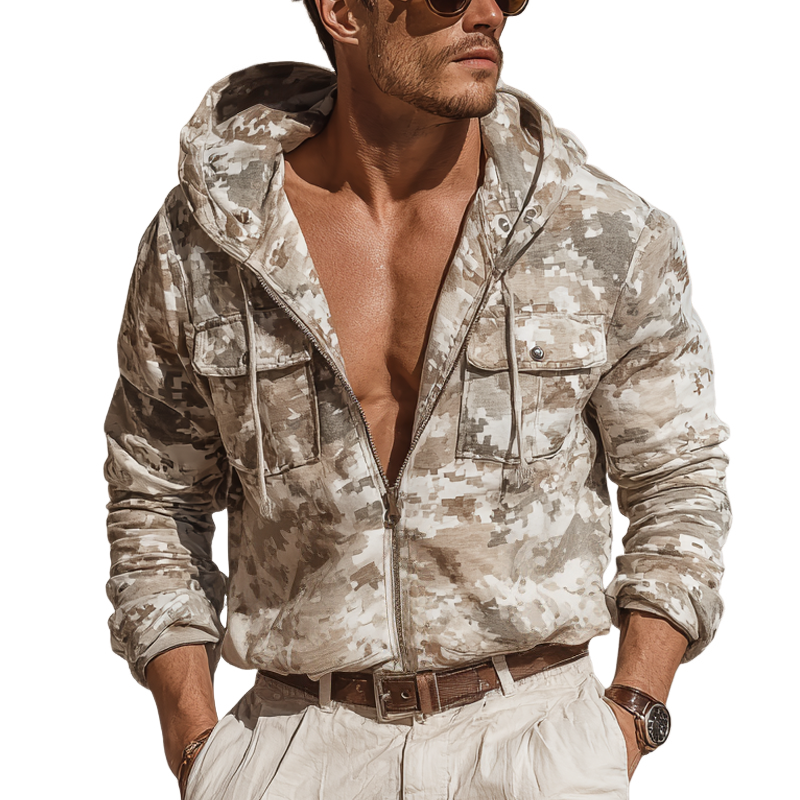 Men's Camouflage Hooded Chest Pocket Zip-up Jacket MTA0761H8Z