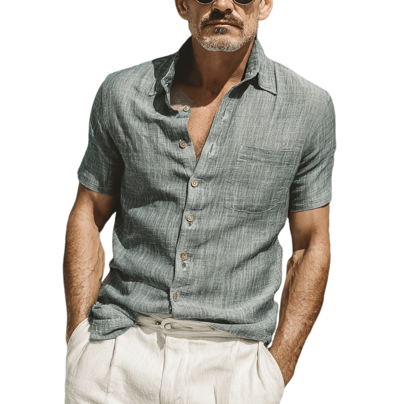 Men's Cotton And Linen Solid Color Short-Sleeved Shirt MTA0142G5X