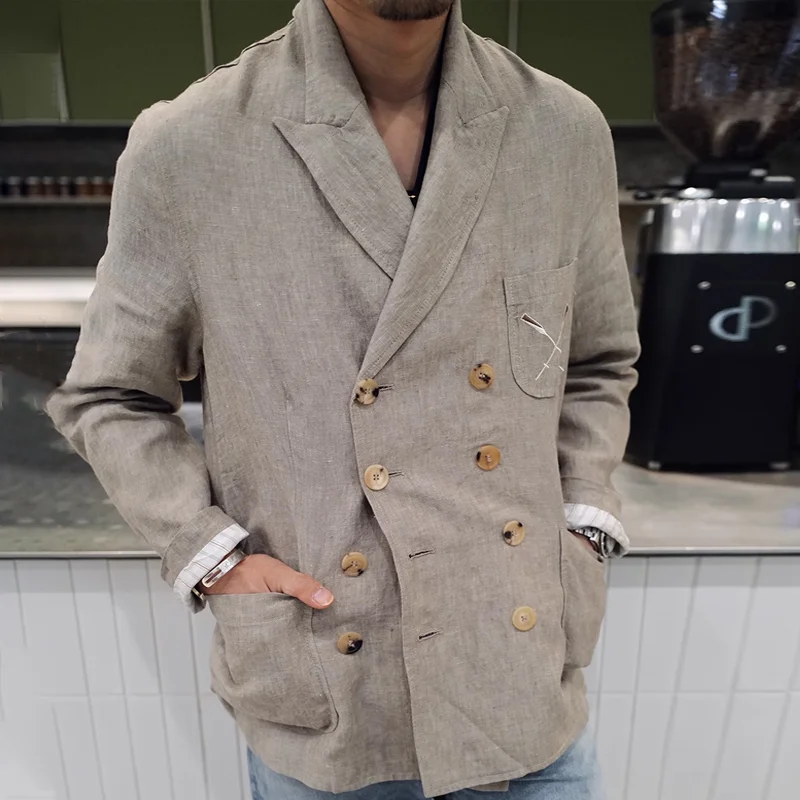 Men's Cotton And Linen Peak Lapel Double Breasted Casual Blazer MTA0725E5Z