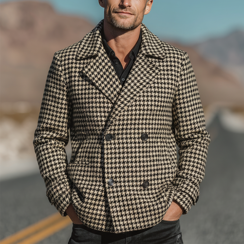 Men's Winter Fashion Houndstooth Imitation Wool Double-breasted Lapel Short Coat MTA2665I6P