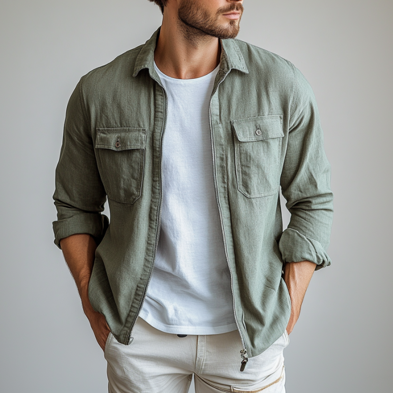 Men's Casual Breathable Linen Blended Lapel Chest Pocket Zipper Placket Long Sleeve Shirt MTA0682E6M
