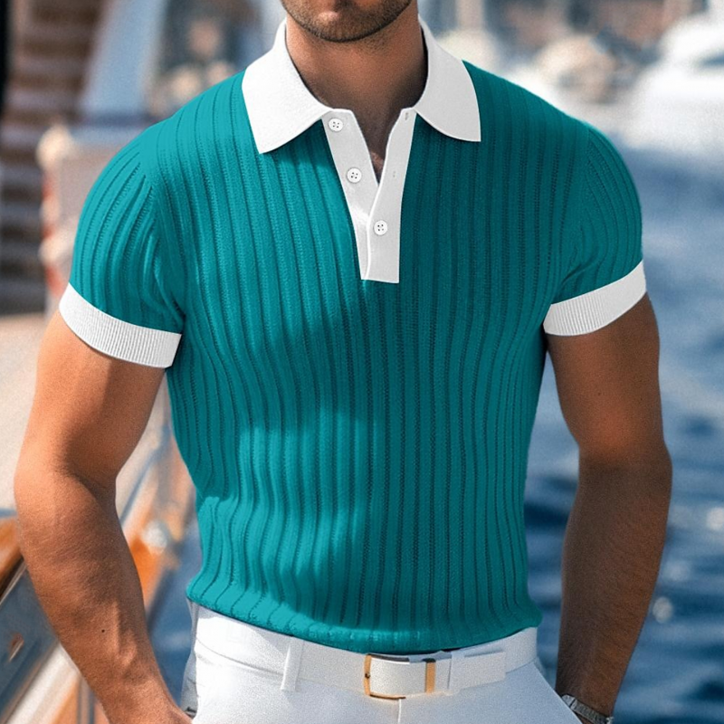Men's Casual Breathable Contrast Color Lapel Slim Fit Knitted Short-sleeved Polo Shirt MTA2148G1M