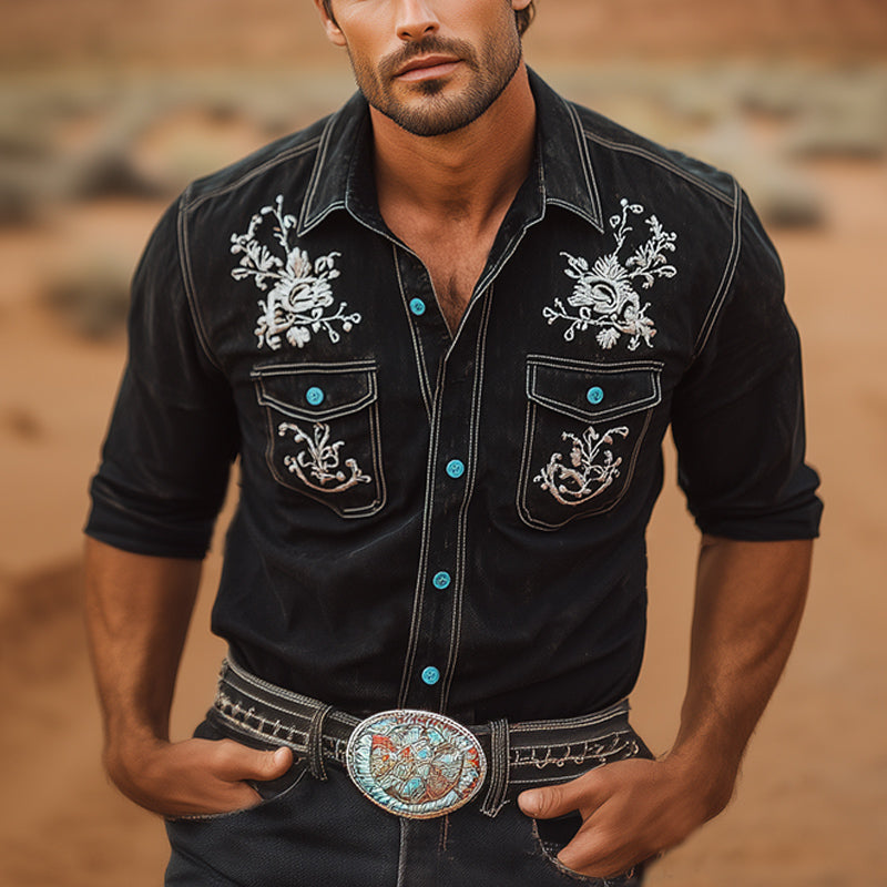 Men's Summer Western Cowboy Style Vintage Embroidery Long Sleeve Shirt MTA2109E3U