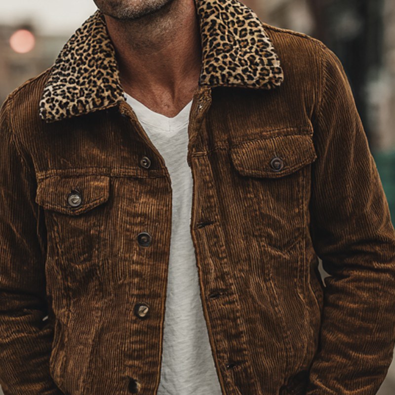 Men's Corduroy Patchwork Leopard Print Collar Vintage Jacket MTA1497H2X