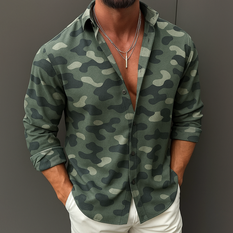 Men's Camouflage Print Lapel Long Sleeve Shirt MTA2194G4Z
