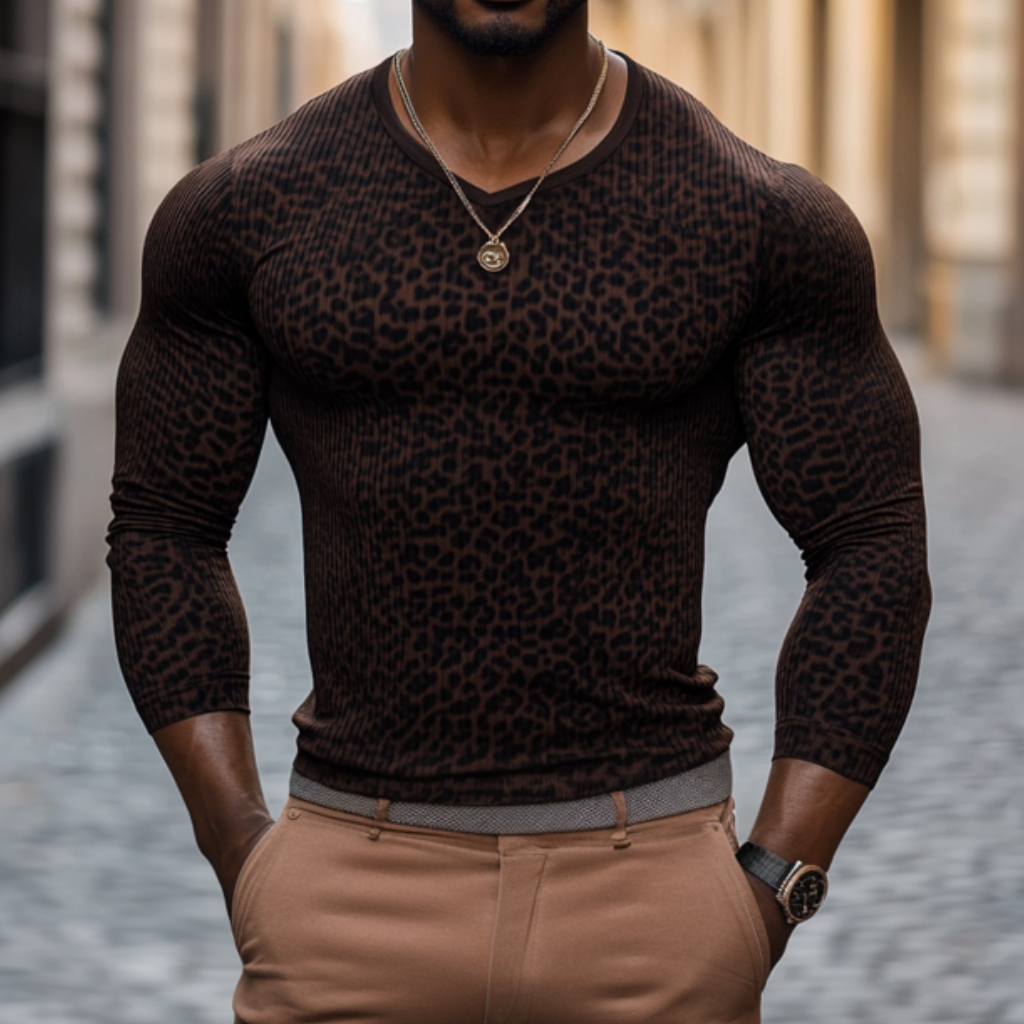 Men's Casual Leopard Stripe V-Neck Slim Fit Long Sleeve T-Shirt 87499665M