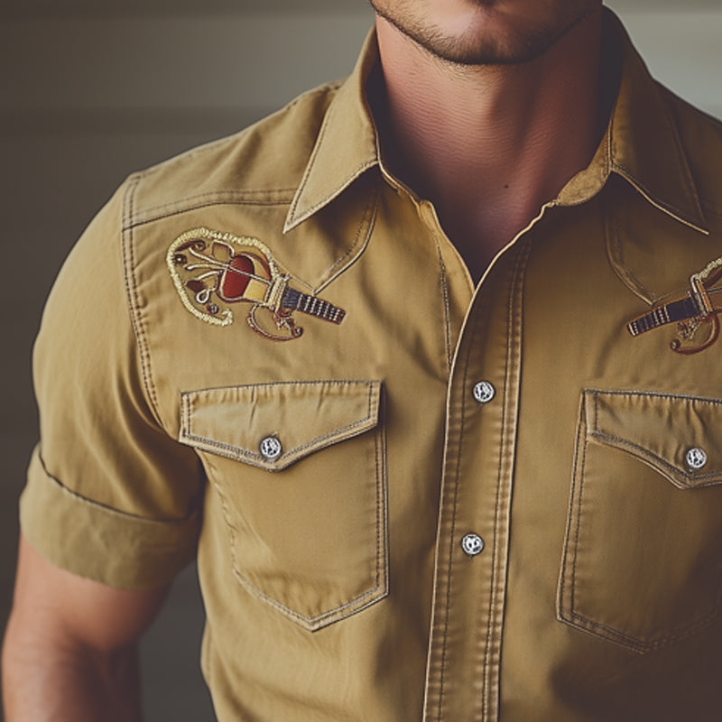 Men's Western Cowboy Style Guitar Embroidery Denim Short Sleeve Shirt MTA0812E9U
