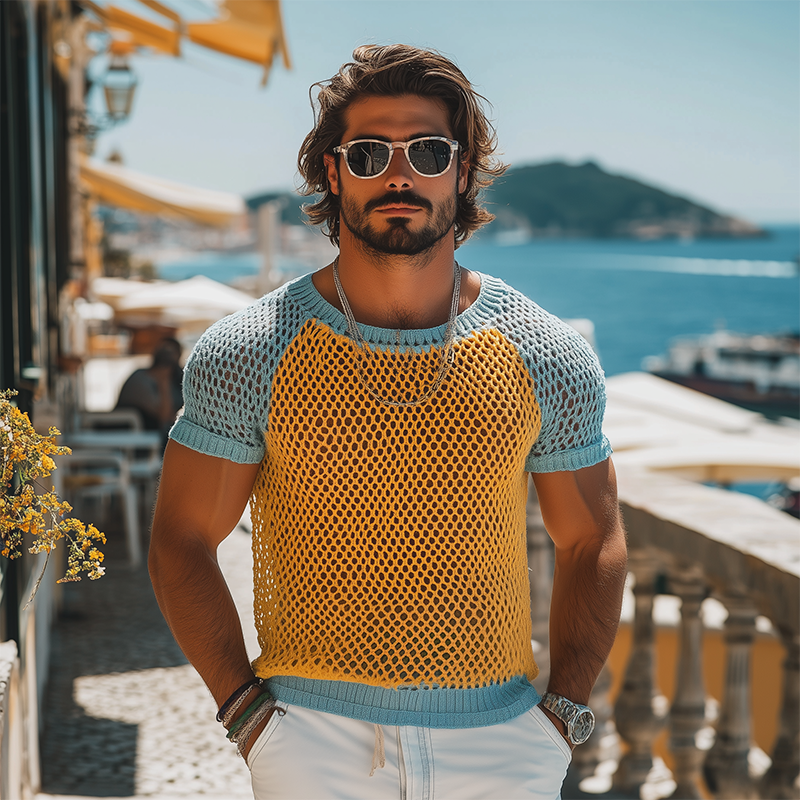 Men's Fashion Casual Hollow Contrast Color Stitching Knitted Round Neck Short-sleeved T-shirt MTA2509F0K