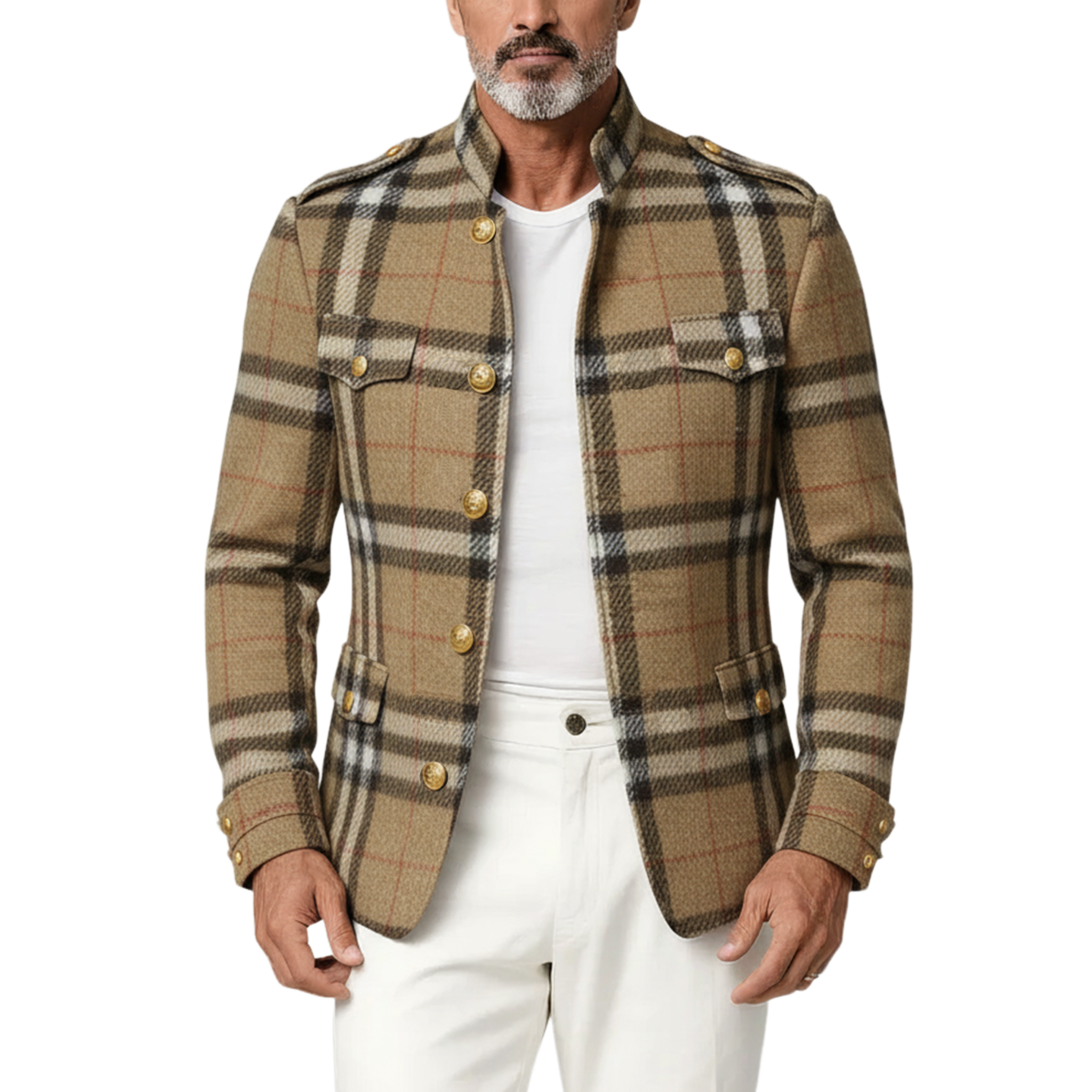 Men's Classic Retro Stand Collar Faux Plaid Woolen Slim Jacket MTA3023I8K