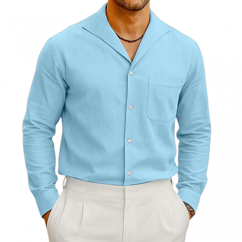 Men's Casual Breathable Cotton Linen Blend Lapel Patch Pocket Slim Fit Long Sleeve Shirt MTA2110G9M