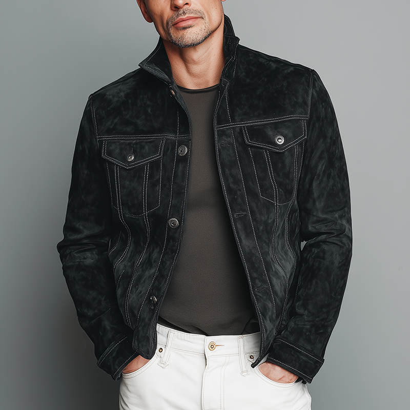 Men's Black Faux Suede Vintage Casual Jacket MTA2719H9P