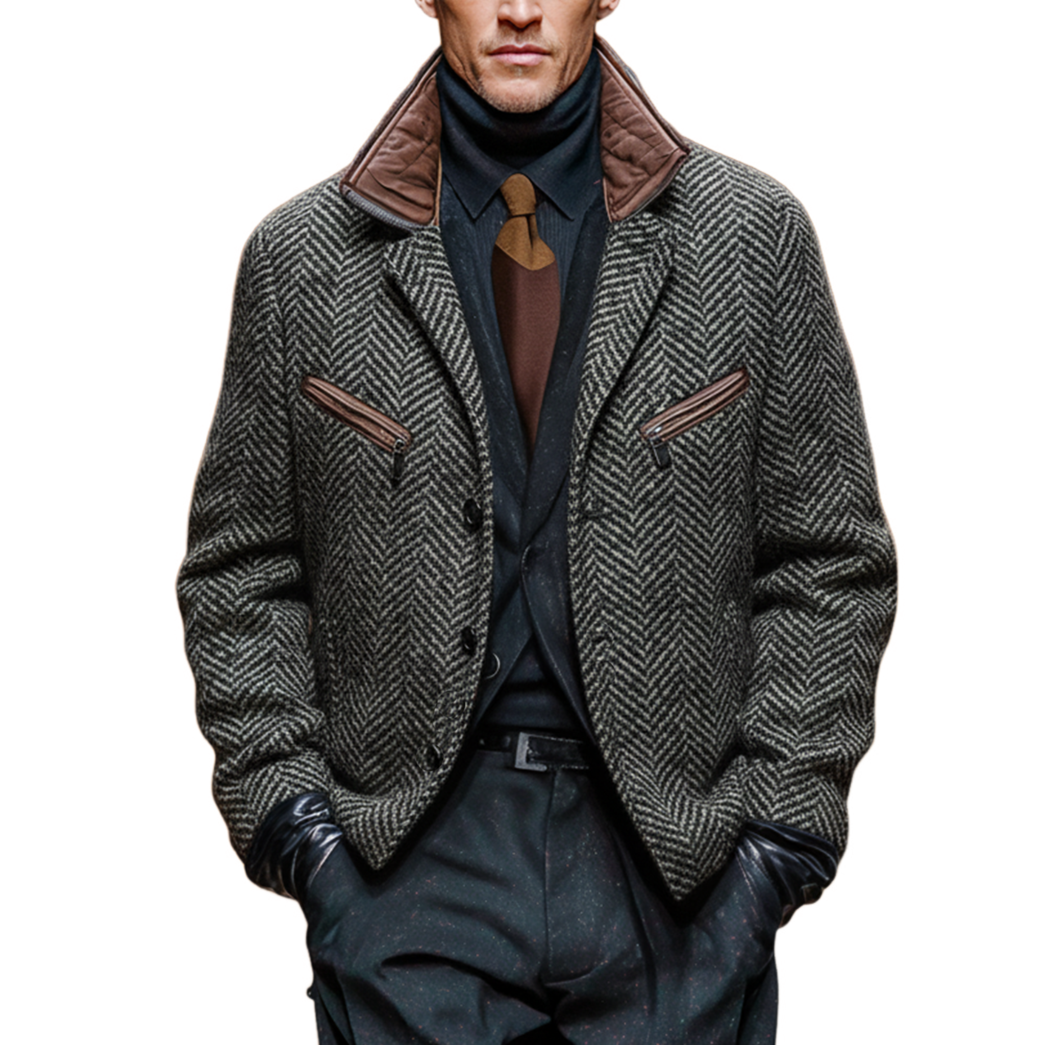 Men's Classic Retro Stand Collar Faux Herringbone Woolen Multi-pocket Jacket MTA1158J4K