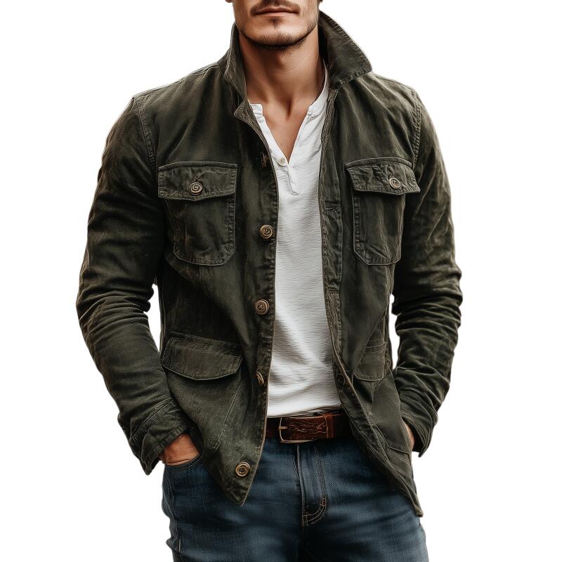 Men's Vintage Washed Distressed Cotton Lapel Single-breasted Multi-pocket Cargo Jacket MTA2559H1M