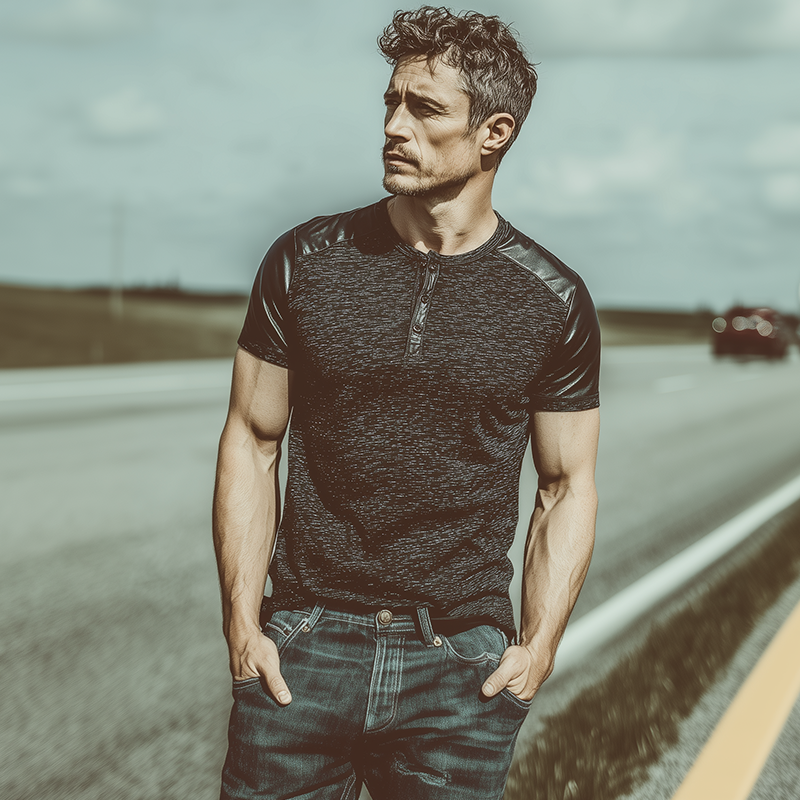 Men's Classic Casual Henley Collar Slim Fit Cotton Blend Stitching Pu Leather Short Sleeve T-shirt MTA0373G6K