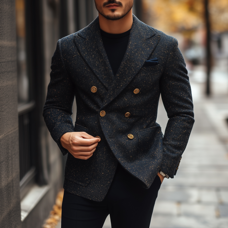 Men's Vintage Elegant Tweed Peak Lapel Double-breasted Slim-fit Blazer MTA0597H5M