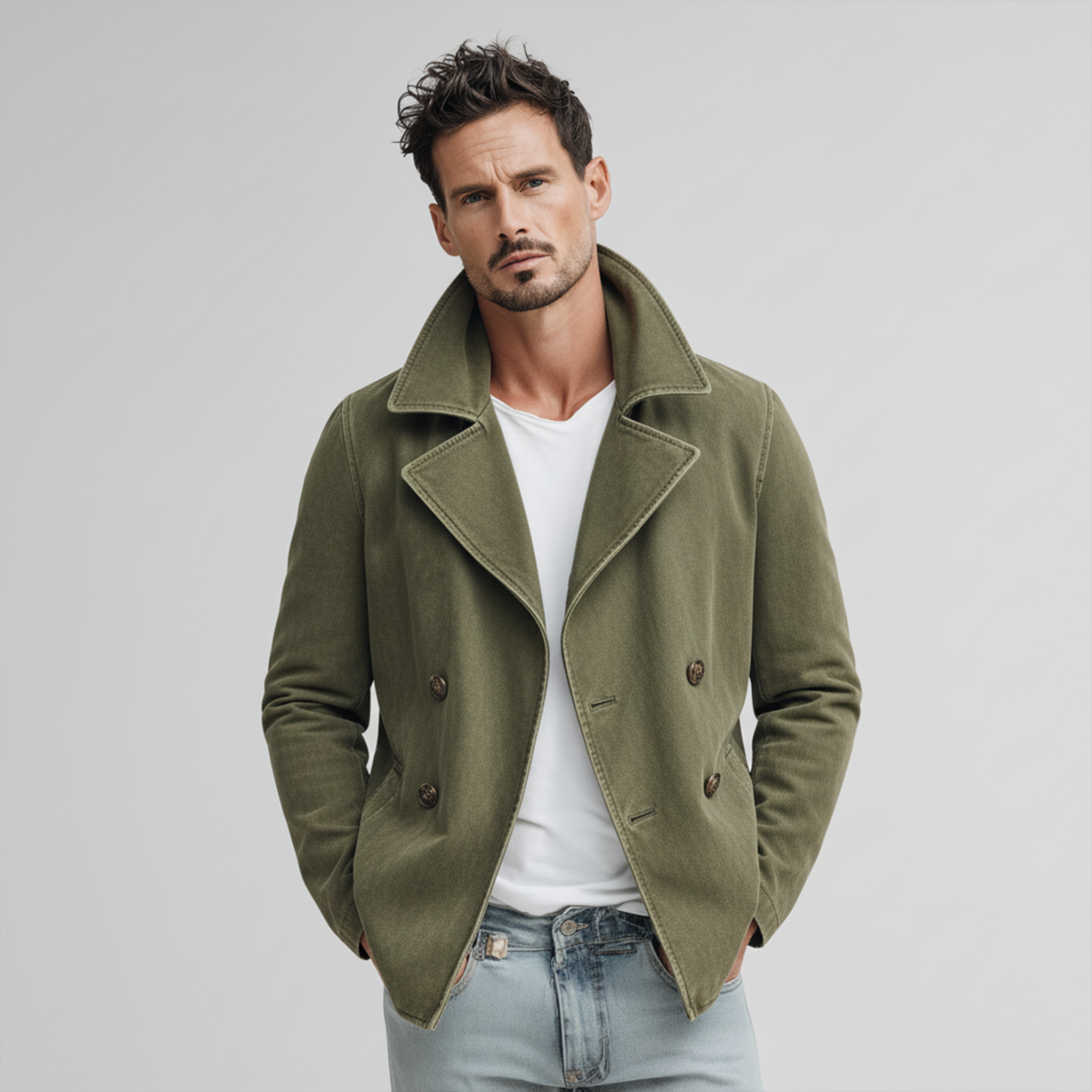 Men's Classic Lapel Washed Cotton Blend Double Breasted Jacket MTA2472J4K