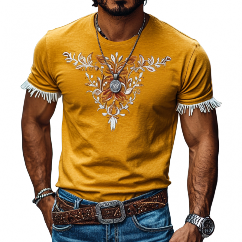 Men's Casual Cotton Round Neck Chest Embroidery Cuffs Stitching Tassel Slim Fit Short Sleeve T-shirt MTA2175E4M